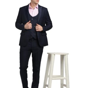 Men Poly Viscose Tailored Fit Dark Blue Three Piece Party Suits