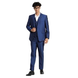 Men 100% Cotton Dobby Print Full Sleeve Three Piece Blue Party Suit