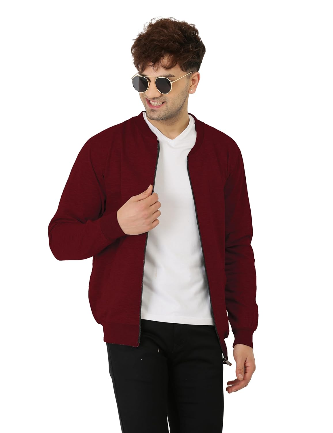 CASUAL JACKET for Men\'s Regular Fit Loopknit Bomber Jacket with Zipper Closure and 2 Side Pockets (Color Maroon) - Image 9