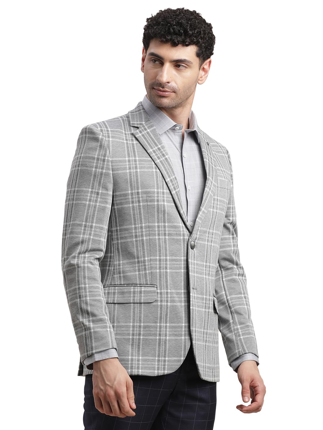 Men Poly Viscose Notch Lapel Collar Grey Single Breasted Casual Blazer - Image 4