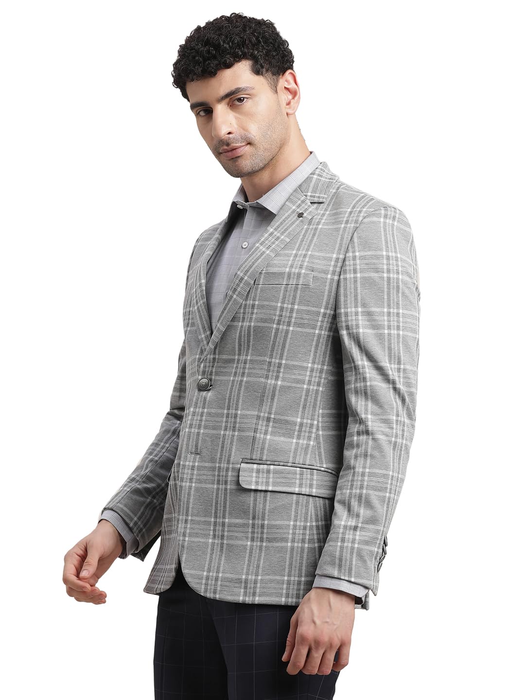 Men Poly Viscose Notch Lapel Collar Grey Single Breasted Casual Blazer - Image 3