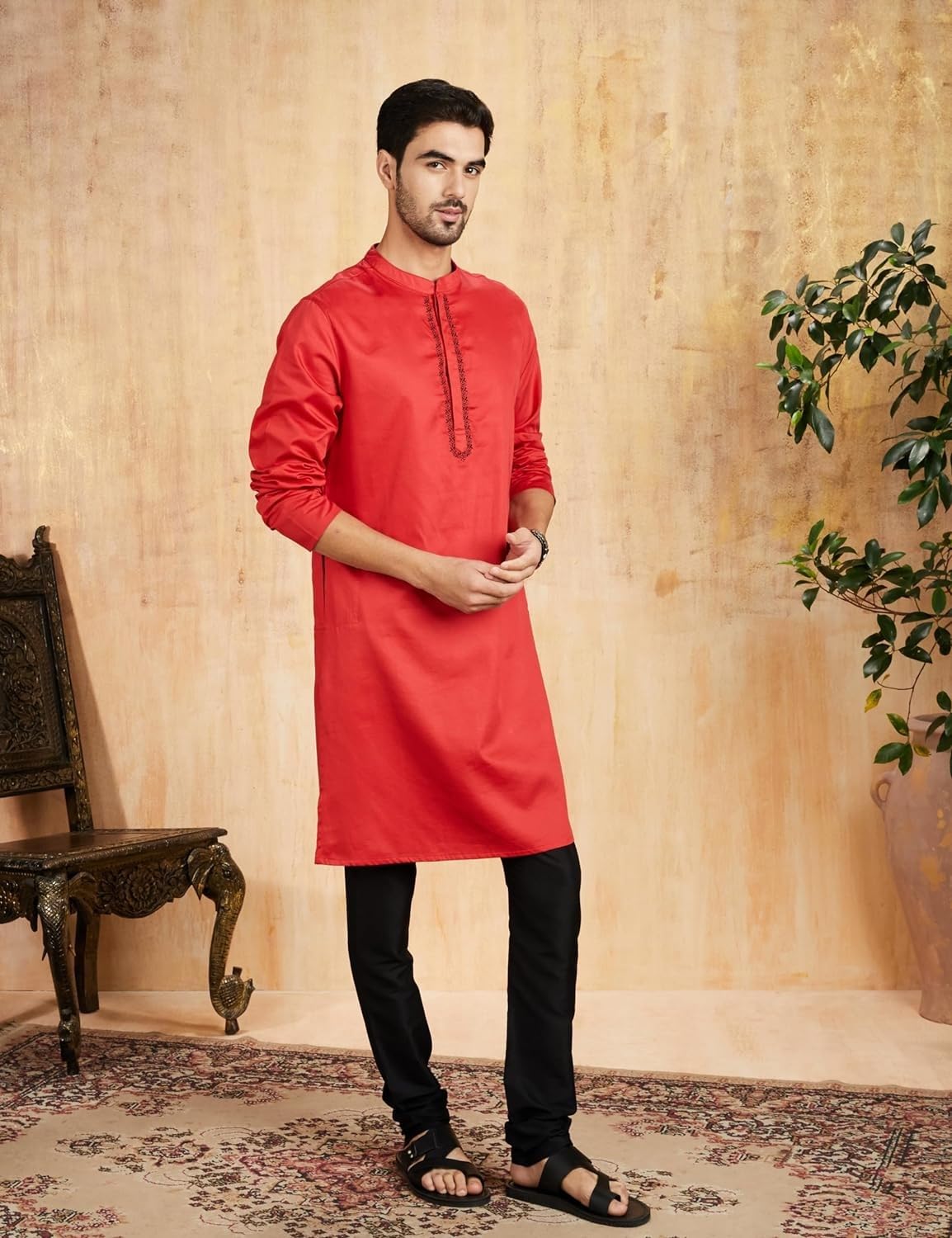 Men\'s Cotton Solid Festive Embellished Long Kurta (Regular Fit) - Image 4