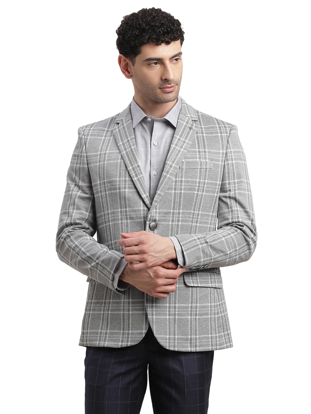 Men Poly Viscose Notch Lapel Collar Grey Single Breasted Casual Blazer