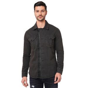 Mens Solid Cotton Spandex Full Sleeve Zipper Shacket Shirt