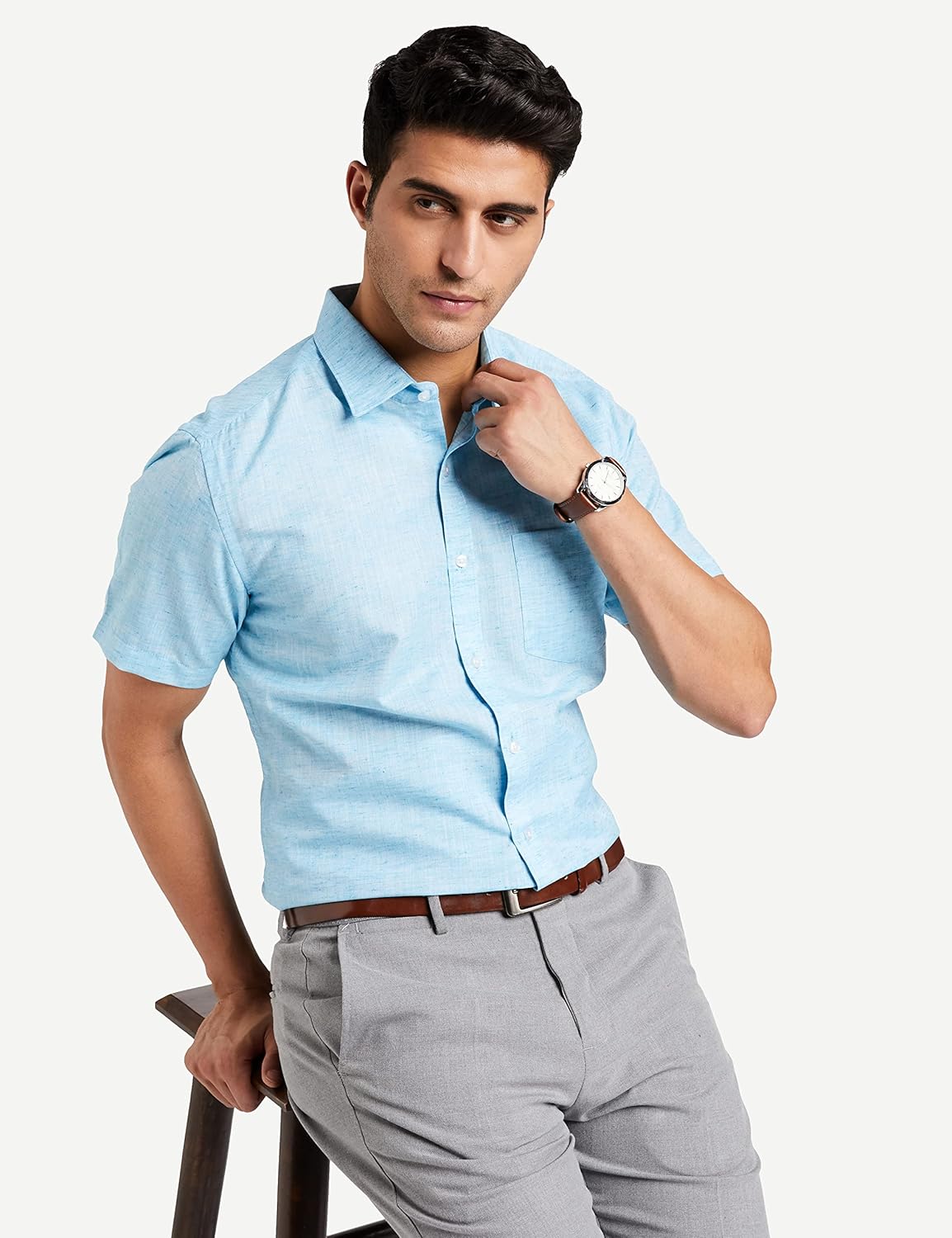 Men\'s Solid Regular Fit Formal Shirt (DCMFH02RC17KA2-739A_Sky Blue_44) - Image 3