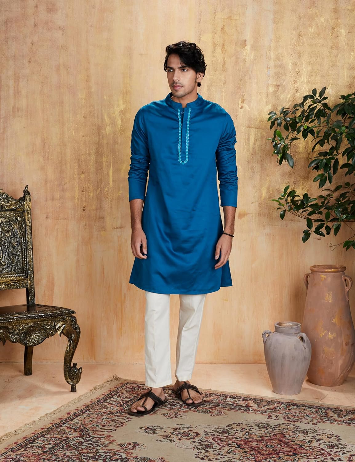 Men\'s Cotton Solid Festive Embellished Long Kurta (Regular Fit) - Image 13